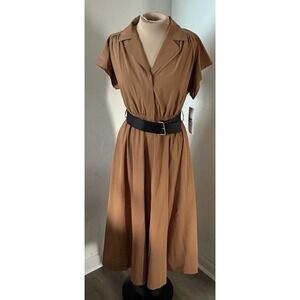 Calvin Klein Brown Belted Collared Midi Shirt Dress Short Sleeve Size 6